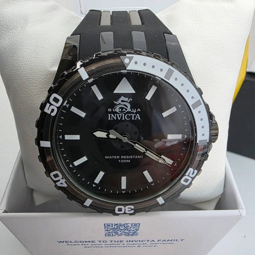 Invicta Subaqua 69447 Mens Watch Black Acrylic 44mm Case Silicone Strap 100M